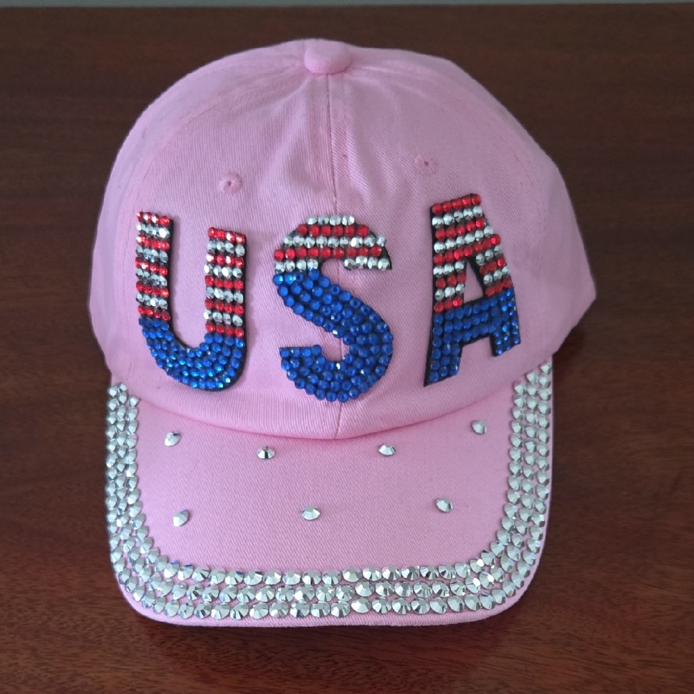 Women's Pink Rhinestone USA Baseball Cap